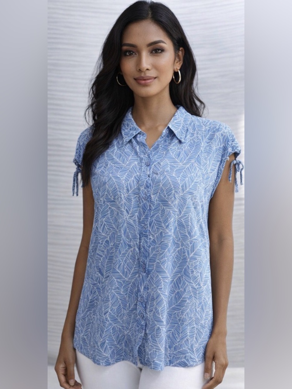 Croft & Barrow- Blue/White Leaf Print Sleeveless, Button Down, Rayon XXL Top GUC